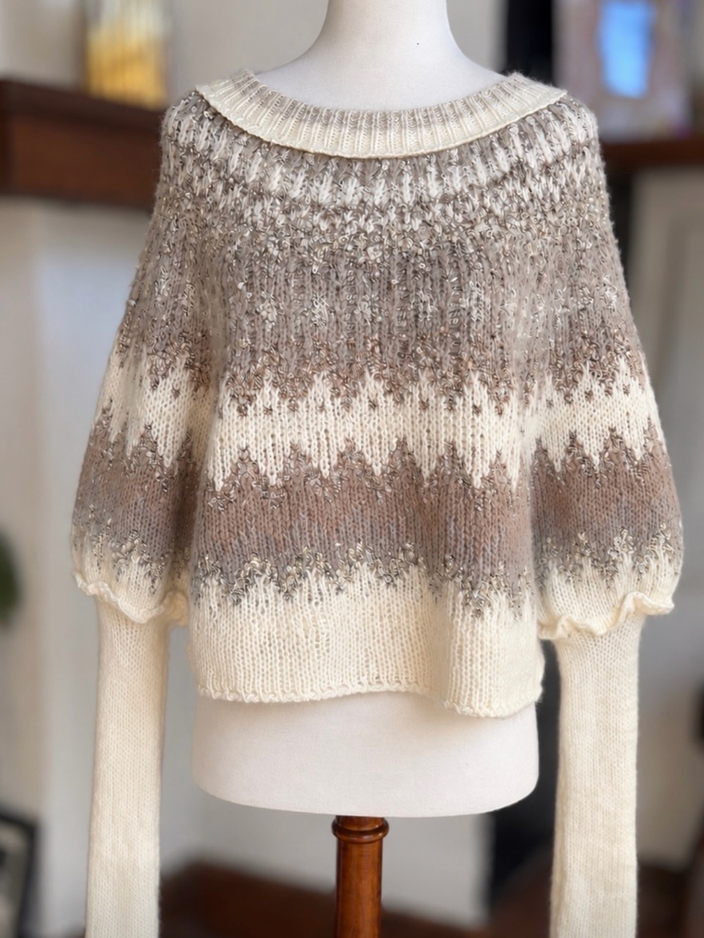 Free People Home For The Holidays Sweater Wool Blend Cream Taupe Fair Isle - Picture 3 of 7